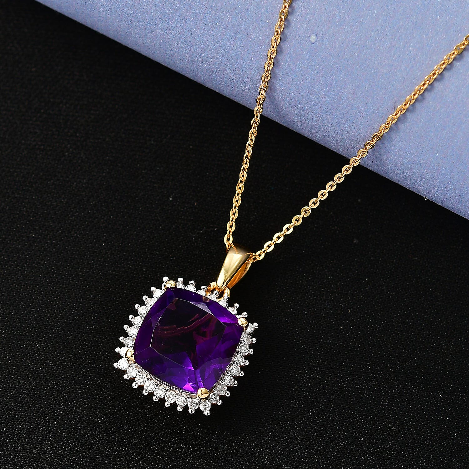 Luxuriant AAA African Amethyst & SI-G-H Lab Grown Diamond Pendant with Chain (Size 20) in 18K Vermeil Yellow Gold Plated Sterling Silver 5.36 Ct