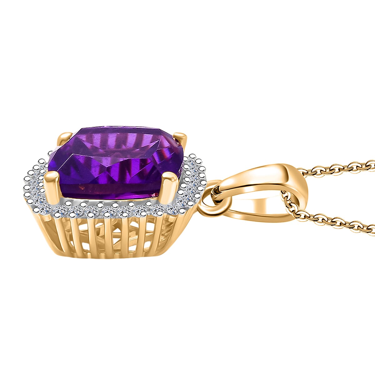 Luxuriant AAA African Amethyst & SI-G-H Lab Grown Diamond Pendant with Chain (Size 20) in 18K Vermeil Yellow Gold Plated Sterling Silver 5.36 Ct
