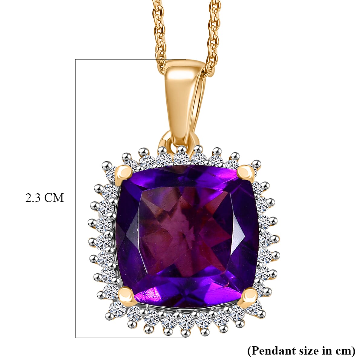 Luxuriant AAA African Amethyst & SI-G-H Lab Grown Diamond Pendant with Chain (Size 20) in 18K Vermeil Yellow Gold Plated Sterling Silver 5.36 Ct