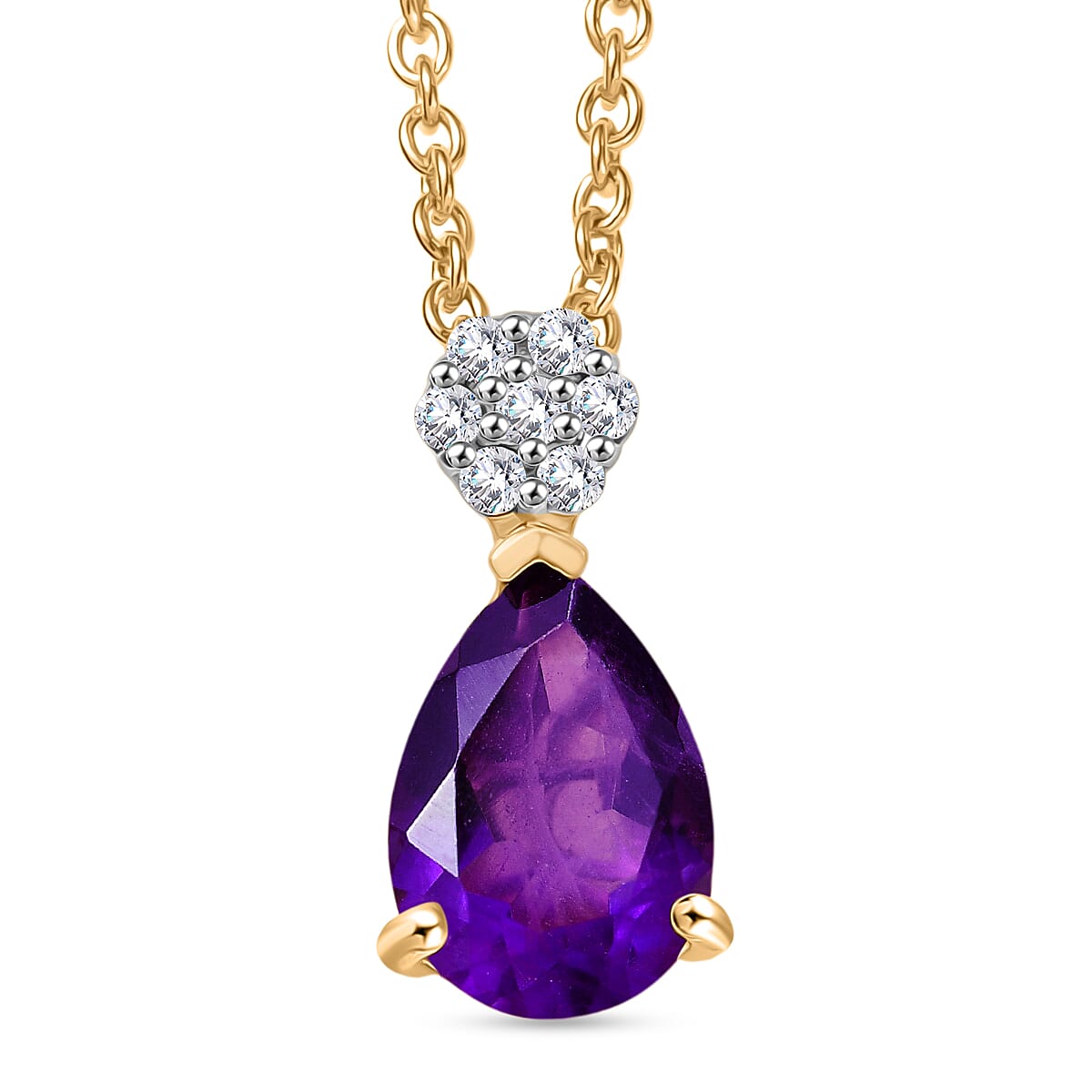 D'Joy AAA African Amethyst & White Zircon Pear Cut Pendant with Chain (Size 20) in Yellow Gold Tone 1.90 Ct.
