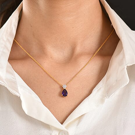 D'Joy AAA African Amethyst & White Zircon Pear Cut Pendant with Chain (Size 20) in Yellow Gold Tone 1.90 Ct.