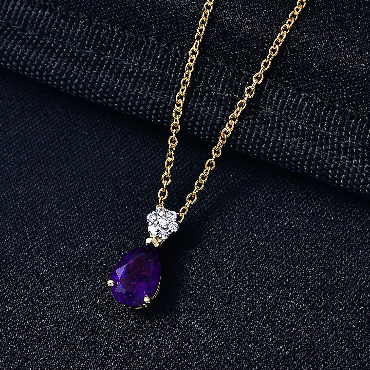 D'Joy AAA African Amethyst & White Zircon Pear Cut Pendant with Chain (Size 20) in Yellow Gold Tone 1.90 Ct.