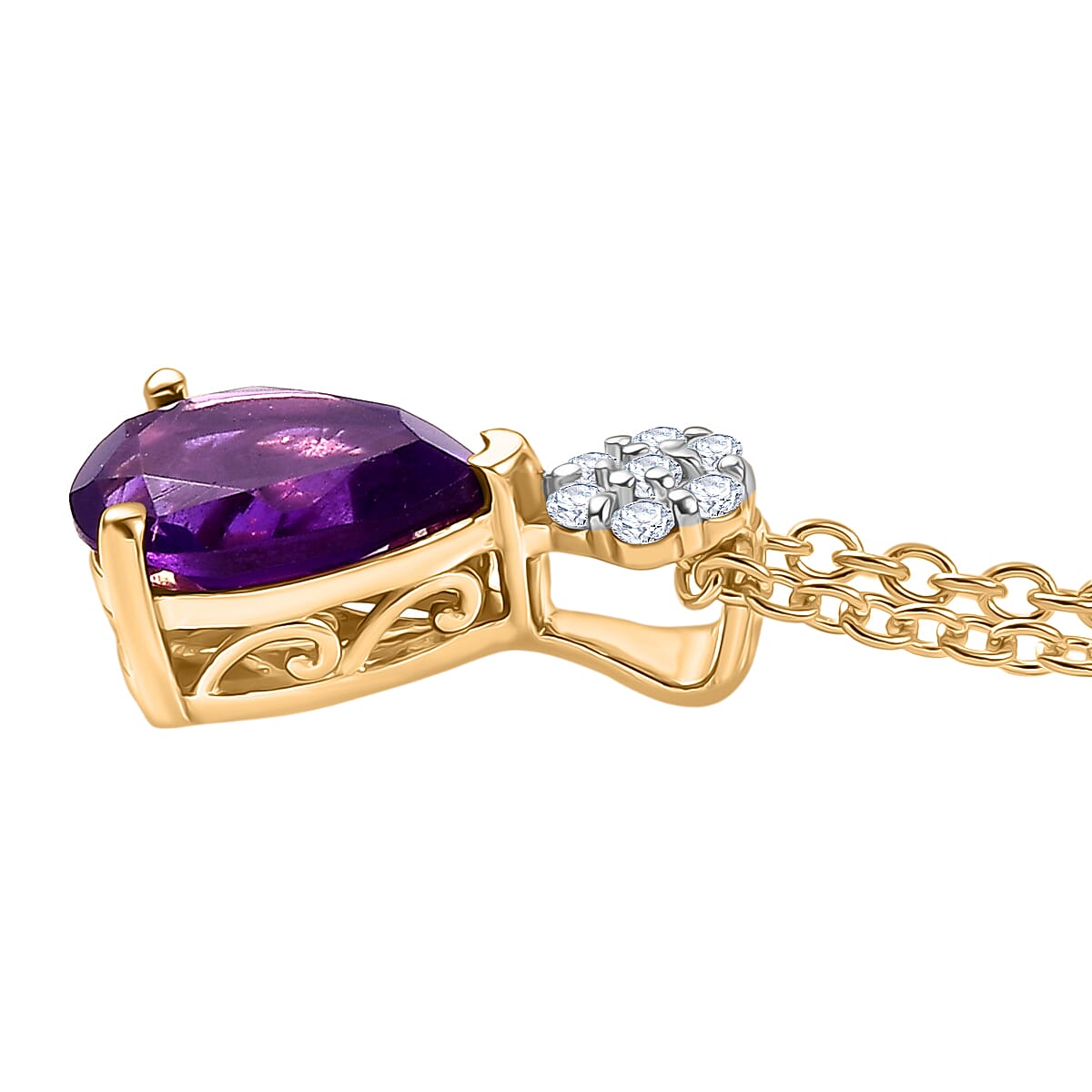 D'Joy AAA African Amethyst & White Zircon Pear Cut Pendant with Chain (Size 20) in Yellow Gold Tone 1.90 Ct.