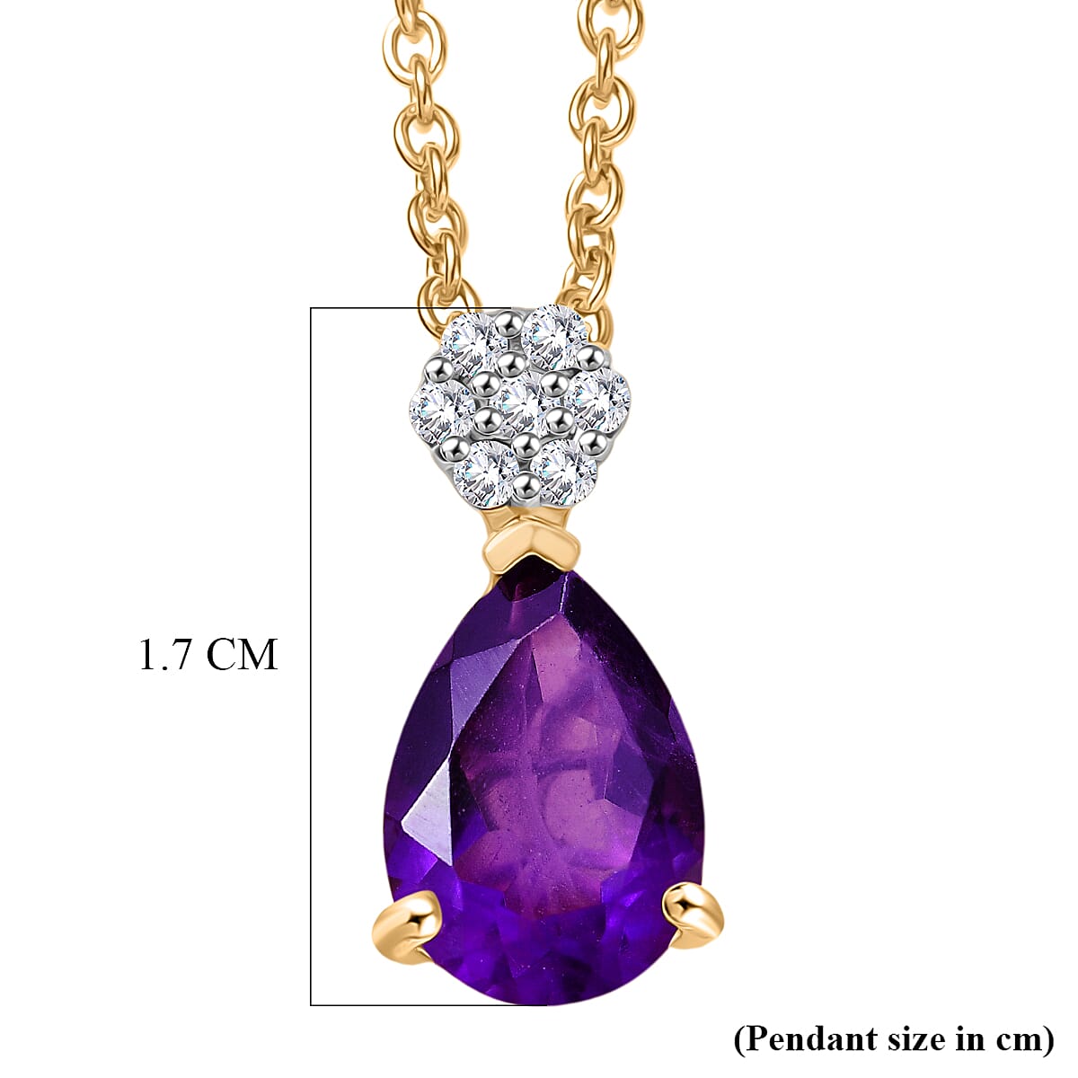 D'Joy AAA African Amethyst & White Zircon Pear Cut Pendant with Chain (Size 20) in Yellow Gold Tone 1.90 Ct.