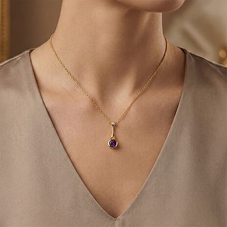 D'Joy AAA African Amethyst & Moissanite Solitaire Pendant in Yellow Gold Plated Sterling Silver with Chain (Size 20) 1.24 Ct.