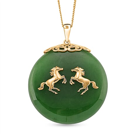 Dyed Green Jade Horse Pendant with Chain (Size 18) in Yellow Gold Plated Sterling Silver 65.00 Ct.