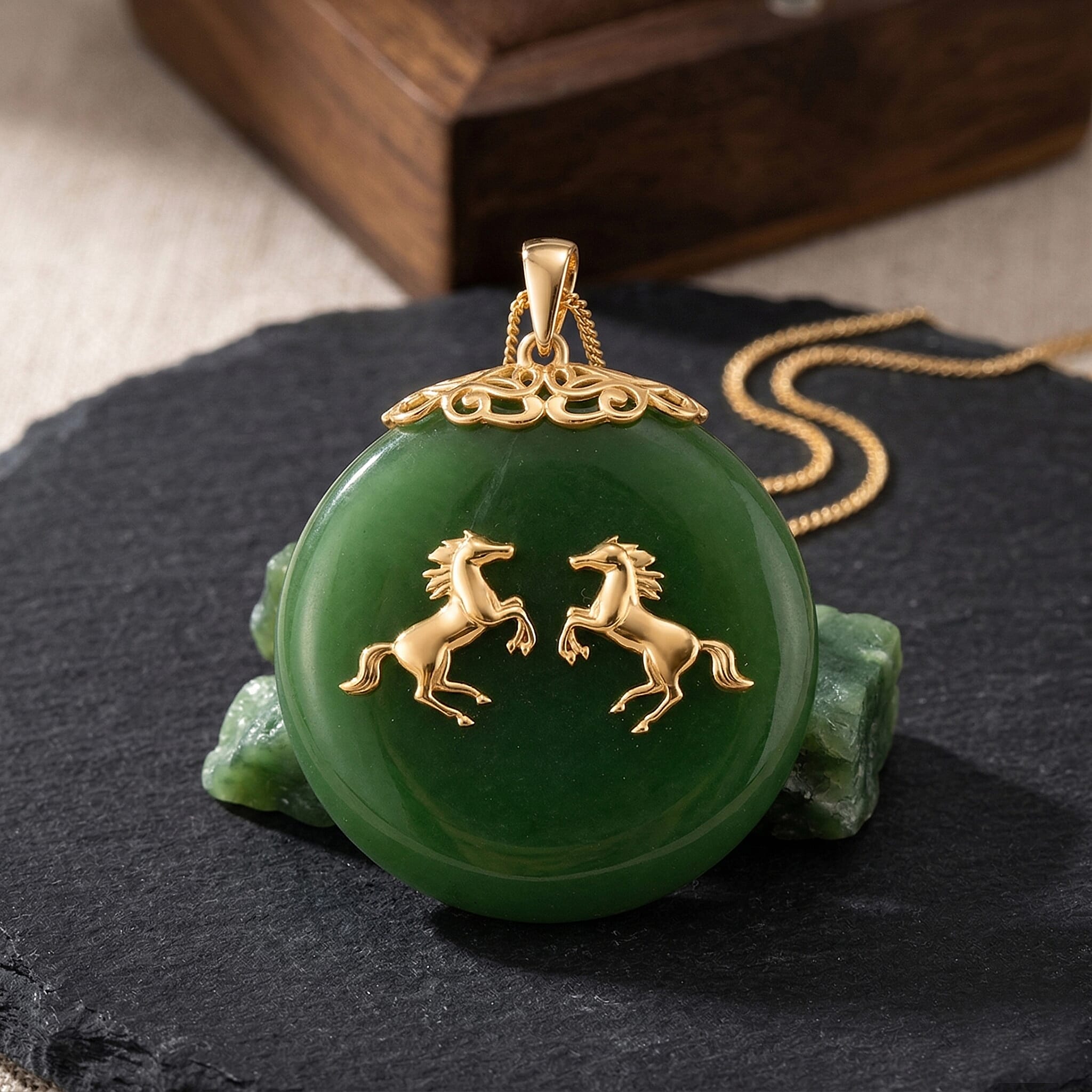 Dyed Green Jade Horse Pendant with Chain (Size 18) in Yellow Gold Plated Sterling Silver 65.00 Ct.