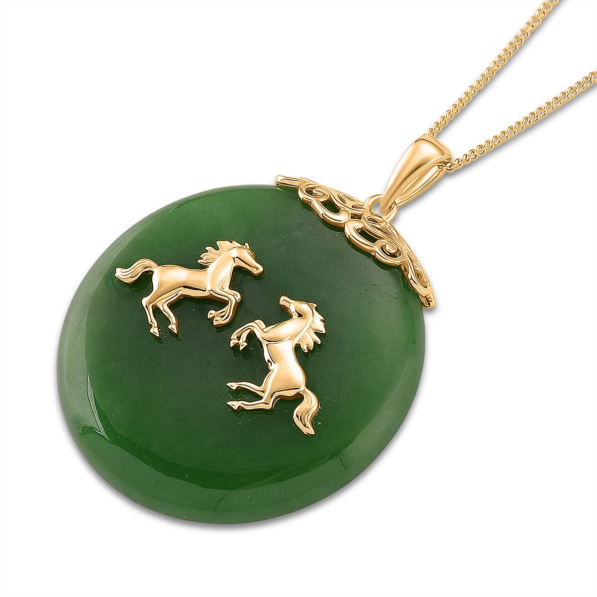 Dyed Green Jade Horse Pendant with Chain (Size 18) in Yellow Gold Plated Sterling Silver 65.00 Ct.