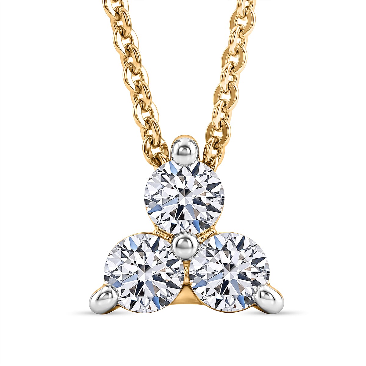 Luxuriant SI-G-H Lab Grown Diamond Trilogy Pendant with Chain (Size 20) in 18K Vermeil Yellow Gold Plated Sterling Silver
