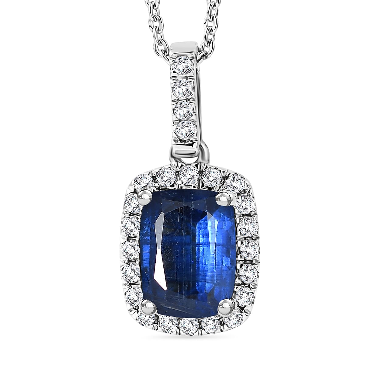 D'Joy AAA Natural Kashmir Kyanite & White Zircon Cushion Cut Halo Pendant with Chain (Size 20) in Rhodium Overlay Sterling Silver 2.25 Ct.