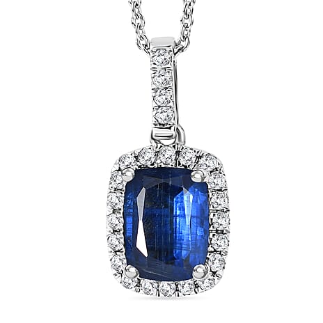 D'Joy AAA Natural Kashmir Kyanite & White Zircon Cushion Cut Halo Pendant with Chain (Size 20) in Rhodium Overlay Sterling Silver 2.25 Ct.