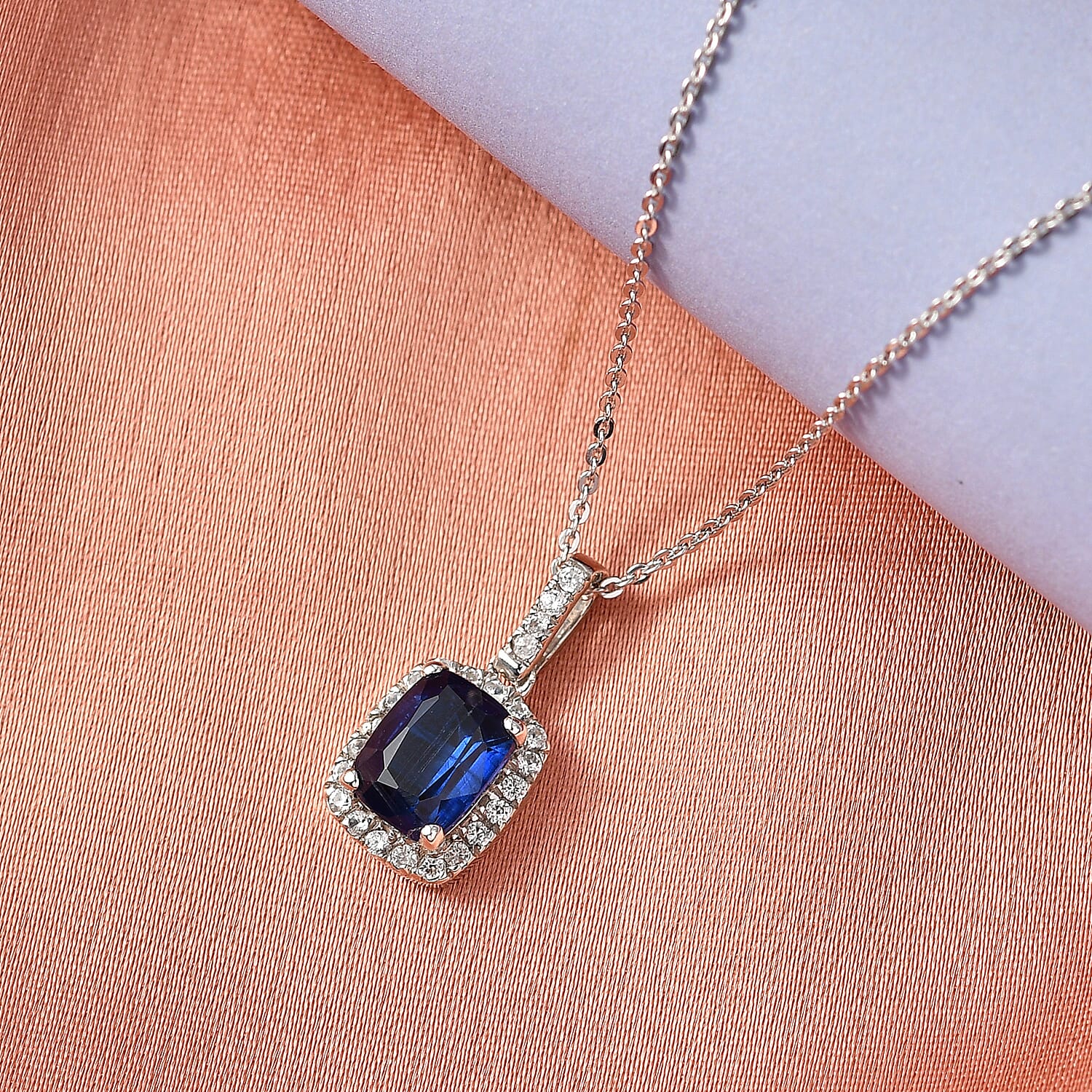 D'Joy AAA Natural Kashmir Kyanite & White Zircon Cushion Cut Halo Pendant with Chain (Size 20) in Rhodium Overlay Sterling Silver 2.25 Ct.
