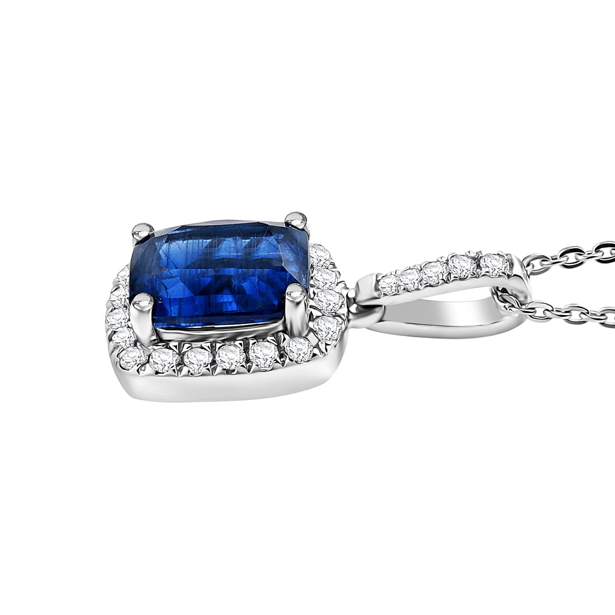 D'Joy AAA Natural Kashmir Kyanite & White Zircon Cushion Cut Halo Pendant with Chain (Size 20) in Rhodium Overlay Sterling Silver 2.25 Ct.