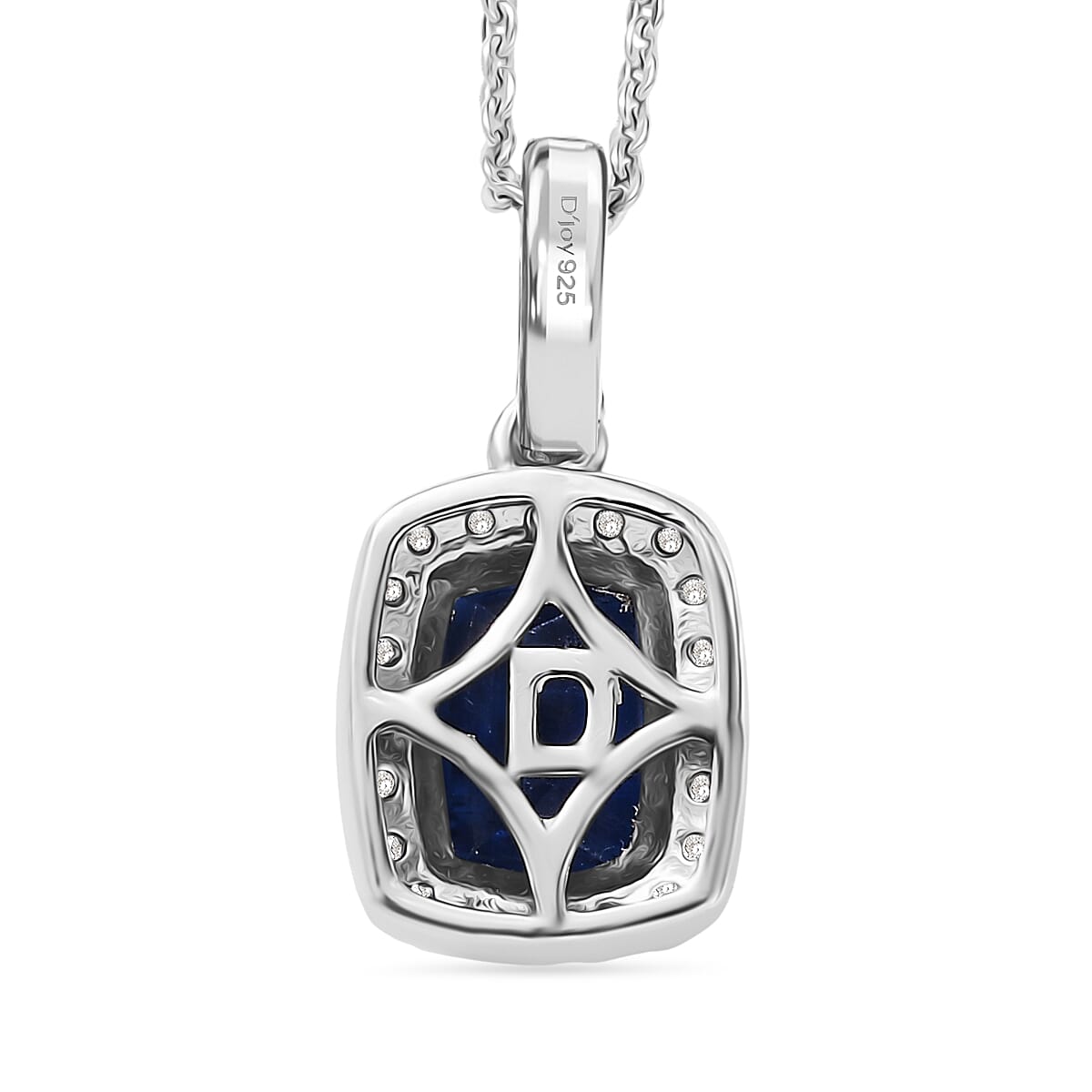D'Joy AAA Natural Kashmir Kyanite & White Zircon Cushion Cut Halo Pendant with Chain (Size 20) in Rhodium Overlay Sterling Silver 2.25 Ct.