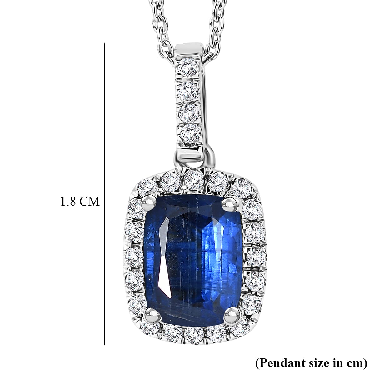 D'Joy AAA Natural Kashmir Kyanite & White Zircon Cushion Cut Halo Pendant with Chain (Size 20) in Rhodium Overlay Sterling Silver 2.25 Ct.