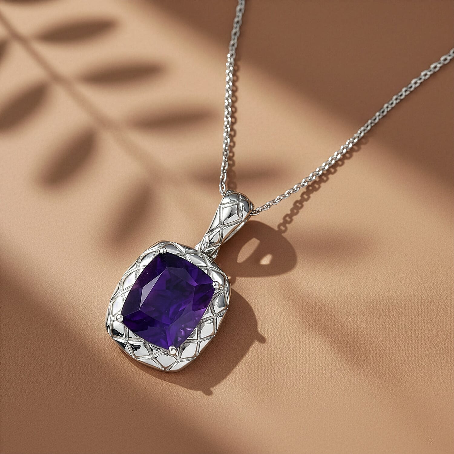 D'Joy AAA African Amethyst Pendant with Chain (Size 20) in Rhodium Overlay Sterling Silver 5.25 Ct.