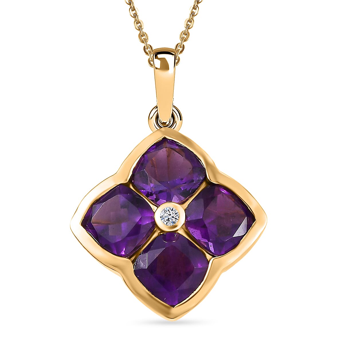 Luxuriant - SI-G-H Lab Grown Diamond & African Amethyst Floral Pendant with Chain (Size 20) in Yellow Gold Plated Sterling Silver 3.85 Ct.