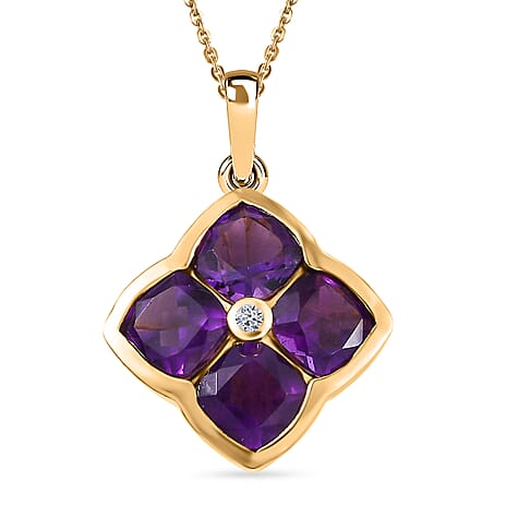 Luxuriant - SI-G-H Lab Grown Diamond & African Amethyst Floral Pendant with Chain (Size 20) in Yellow Gold Plated Sterling Silver 3.85 Ct.