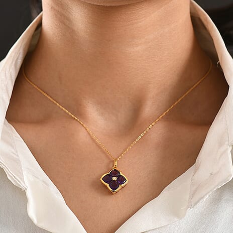 Luxuriant - SI-G-H Lab Grown Diamond & African Amethyst Floral Pendant with Chain (Size 20) in Yellow Gold Plated Sterling Silver 3.85 Ct.