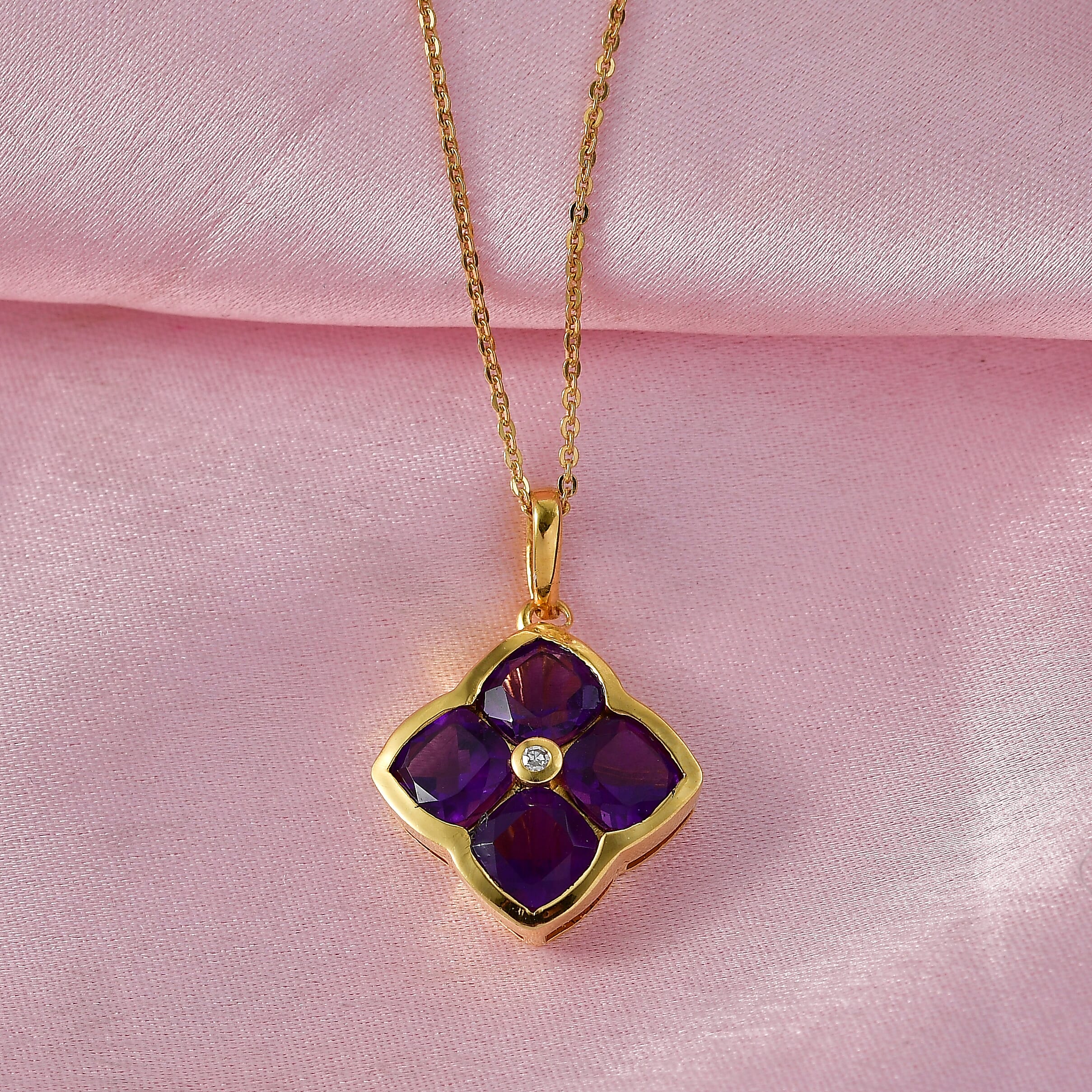 Luxuriant - SI-G-H Lab Grown Diamond & African Amethyst Floral Pendant with Chain (Size 20) in Yellow Gold Plated Sterling Silver 3.85 Ct.