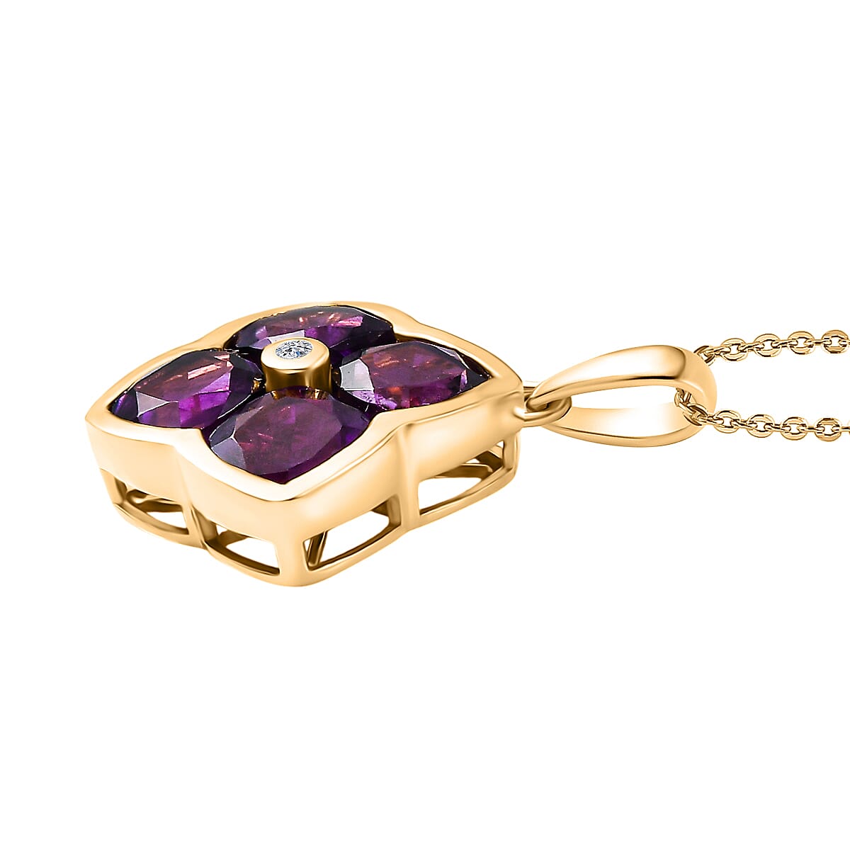 Luxuriant - SI-G-H Lab Grown Diamond & African Amethyst Floral Pendant with Chain (Size 20) in Yellow Gold Plated Sterling Silver 3.85 Ct.