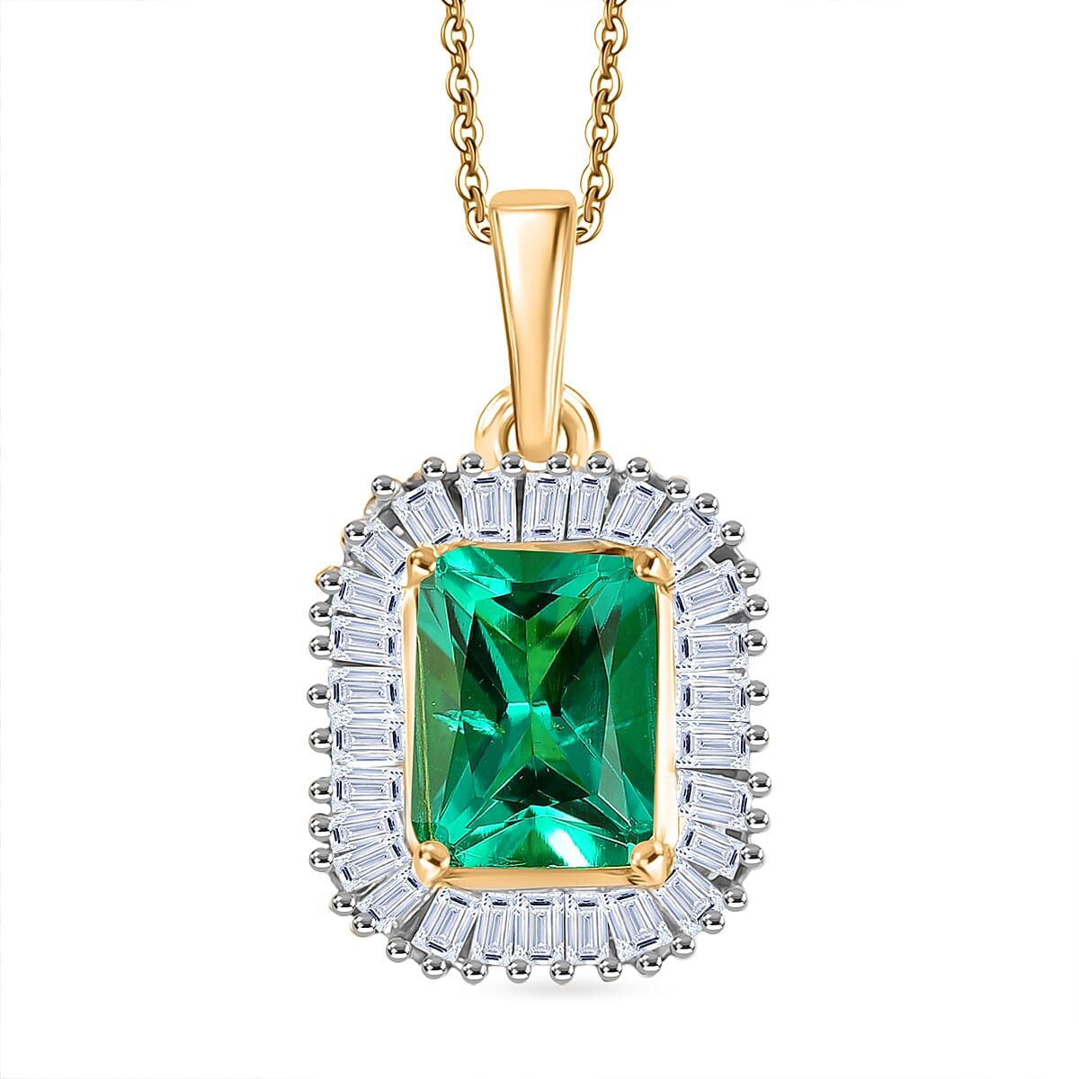 Luxuriant SI-G-H Lab Grown Columbian Emerald & Lab Grown Diamond Pendant with Chain (Size 20) in 18K Vermeil Yellow Gold Plated Sterling Silver 1.84 Ct.