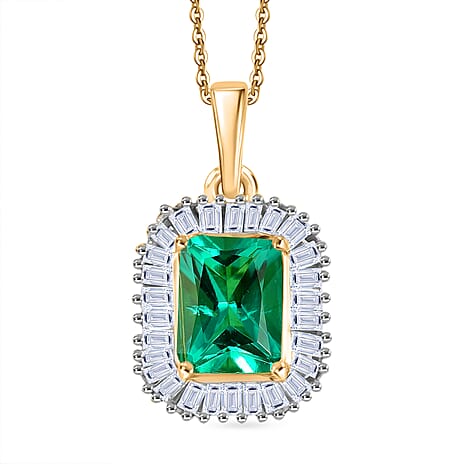 Luxuriant SI-G-H Lab Grown Columbian Emerald & Lab Grown Diamond Pendant with Chain (Size 20) in 18K Vermeil Yellow Gold Plated Sterling Silver 1.84 Ct.