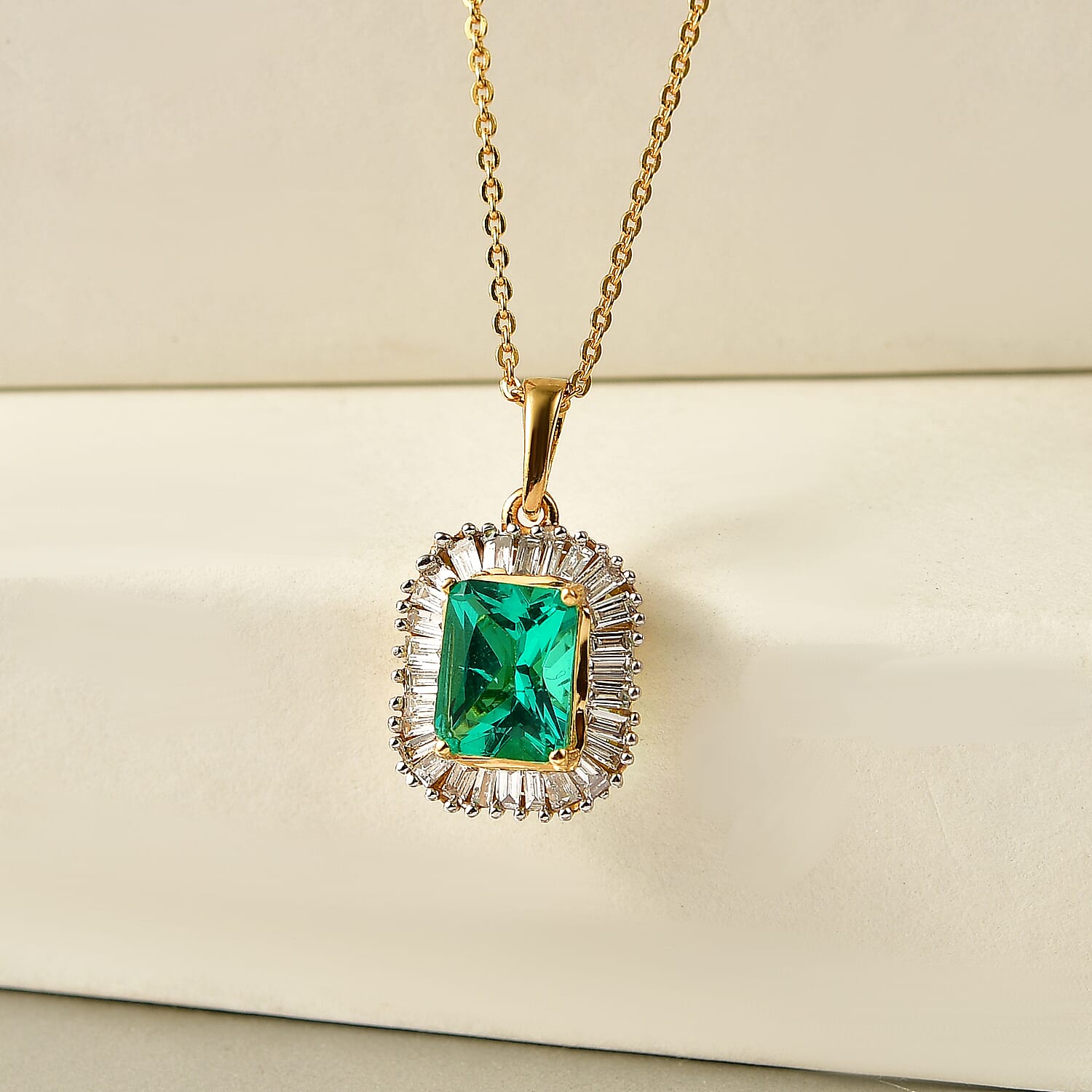 Luxuriant SI-G-H Lab Grown Columbian Emerald & Lab Grown Diamond Pendant with Chain (Size 20) in 18K Vermeil Yellow Gold Plated Sterling Silver 1.84 Ct.