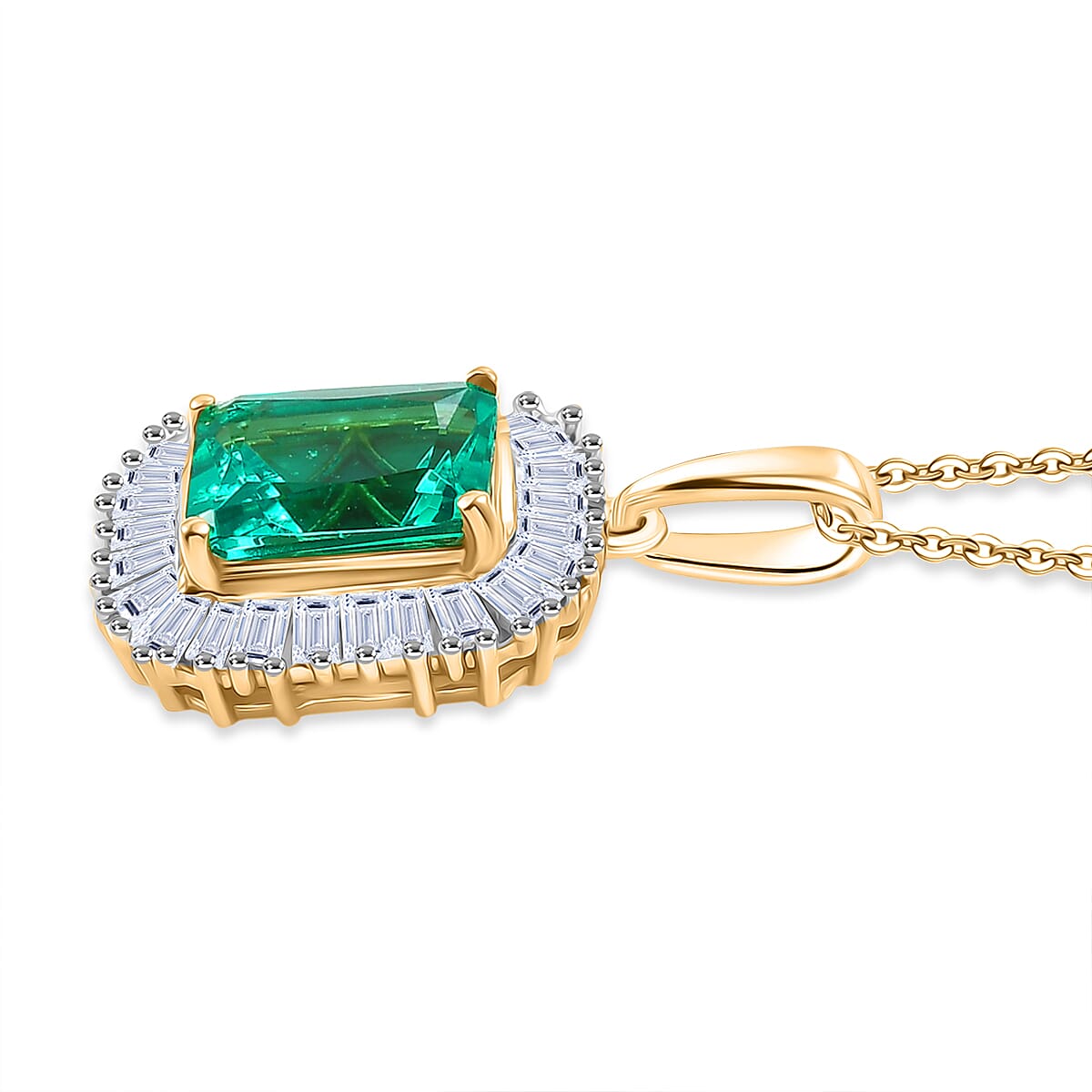 Luxuriant SI-G-H Lab Grown Columbian Emerald & Lab Grown Diamond Pendant with Chain (Size 20) in 18K Vermeil Yellow Gold Plated Sterling Silver 1.84 Ct.