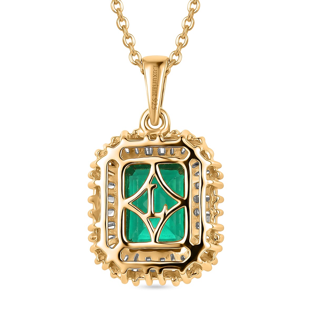 Luxuriant SI-G-H Lab Grown Columbian Emerald & Lab Grown Diamond Pendant with Chain (Size 20) in 18K Vermeil Yellow Gold Plated Sterling Silver 1.84 Ct.