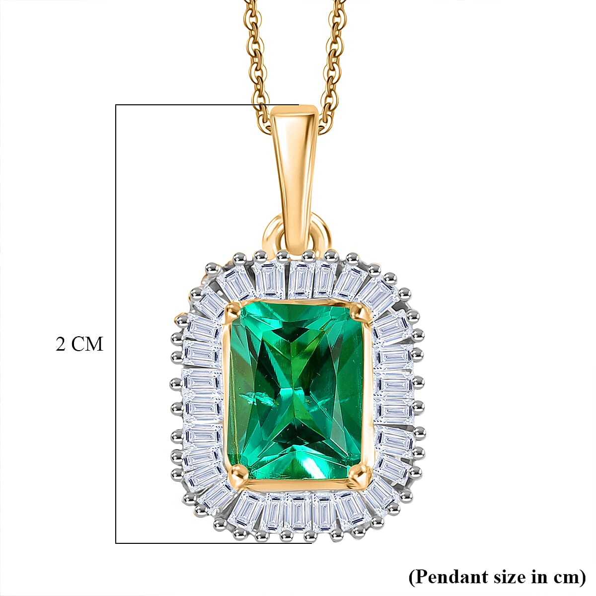 Luxuriant SI-G-H Lab Grown Columbian Emerald & Lab Grown Diamond Pendant with Chain (Size 20) in 18K Vermeil Yellow Gold Plated Sterling Silver 1.84 Ct.