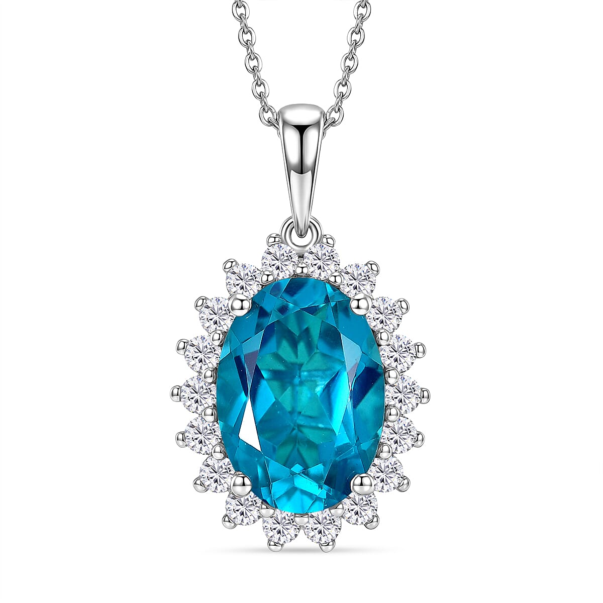 D'Joy Capri Blue Triplet Quartz & White Zircon Pendant with Chain (Size 20) in Rhodium Overlay Sterling Silver 7.25 Ct.