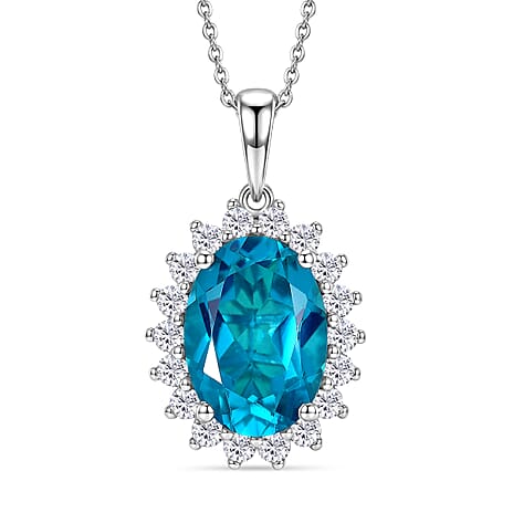 D'Joy Capri Blue Triplet Quartz & White Zircon Pendant with Chain (Size 20) in Rhodium Overlay Sterling Silver 7.25 Ct.