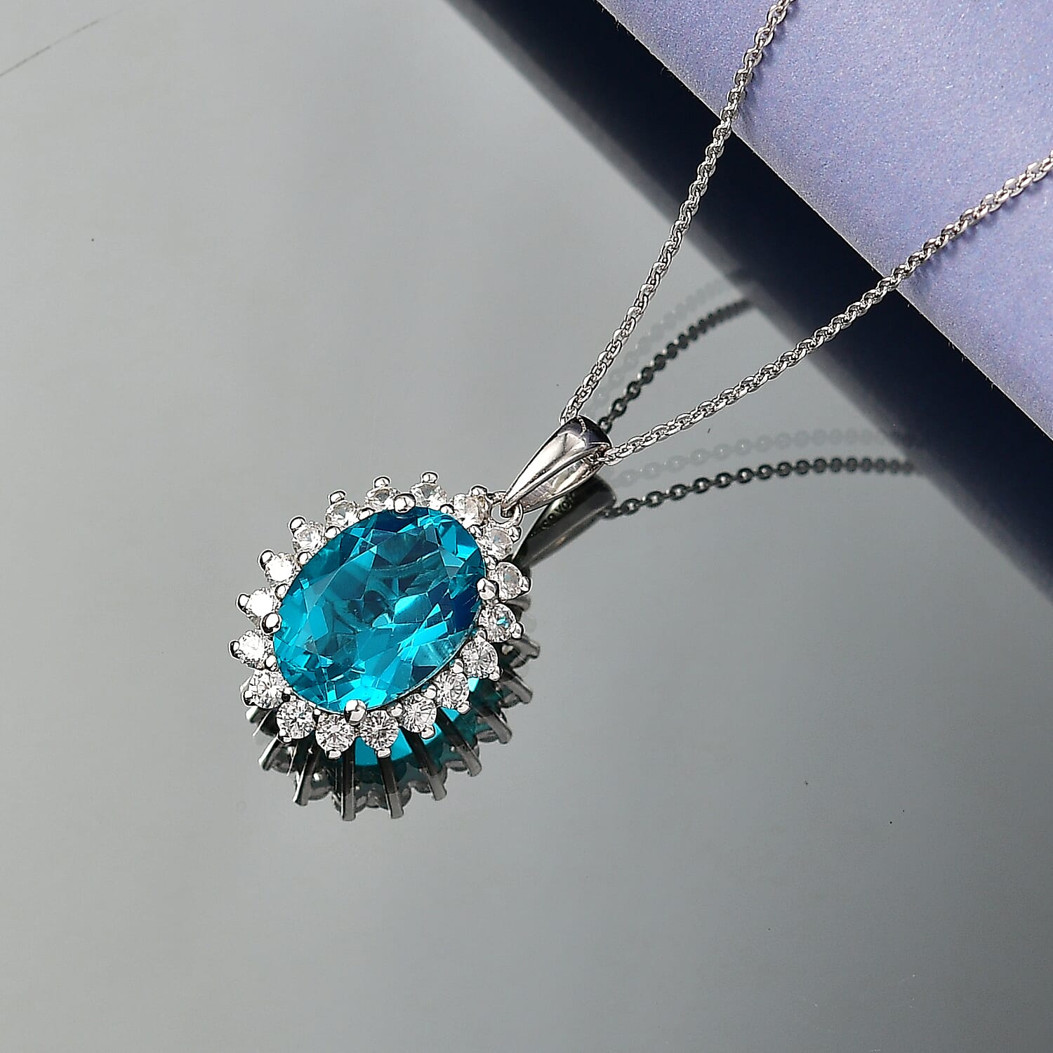 D'Joy Capri Blue Triplet Quartz & White Zircon Pendant with Chain (Size 20) in Rhodium Overlay Sterling Silver 7.25 Ct.