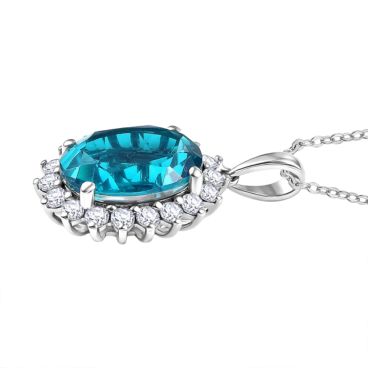 D'Joy Capri Blue Triplet Quartz & White Zircon Pendant with Chain (Size 20) in Rhodium Overlay Sterling Silver 7.25 Ct.