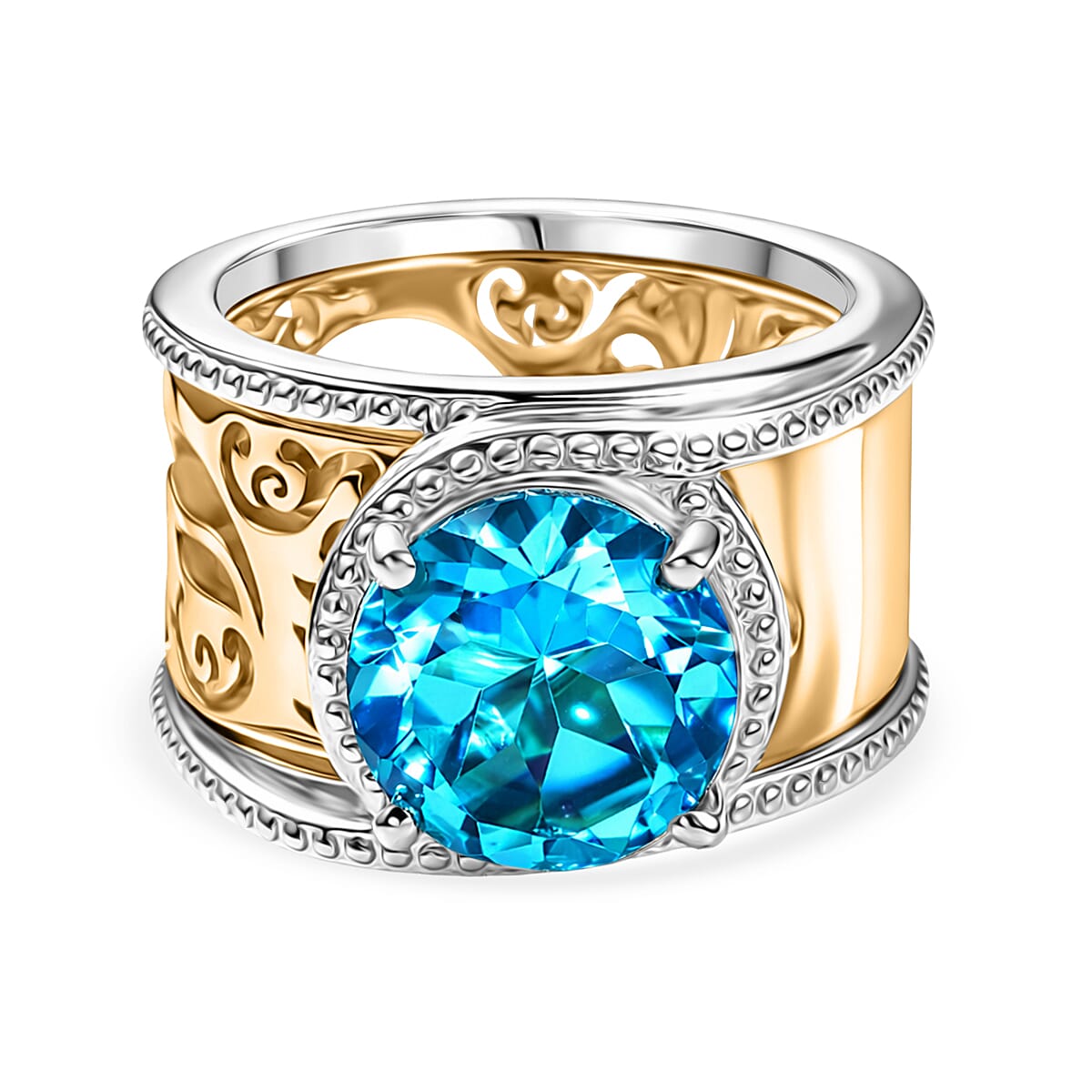 EverTrue Set of 2 - Capri Blue Triplet Quartz Stackable Ring in Yellow Gold Tone 3.98 Ct.