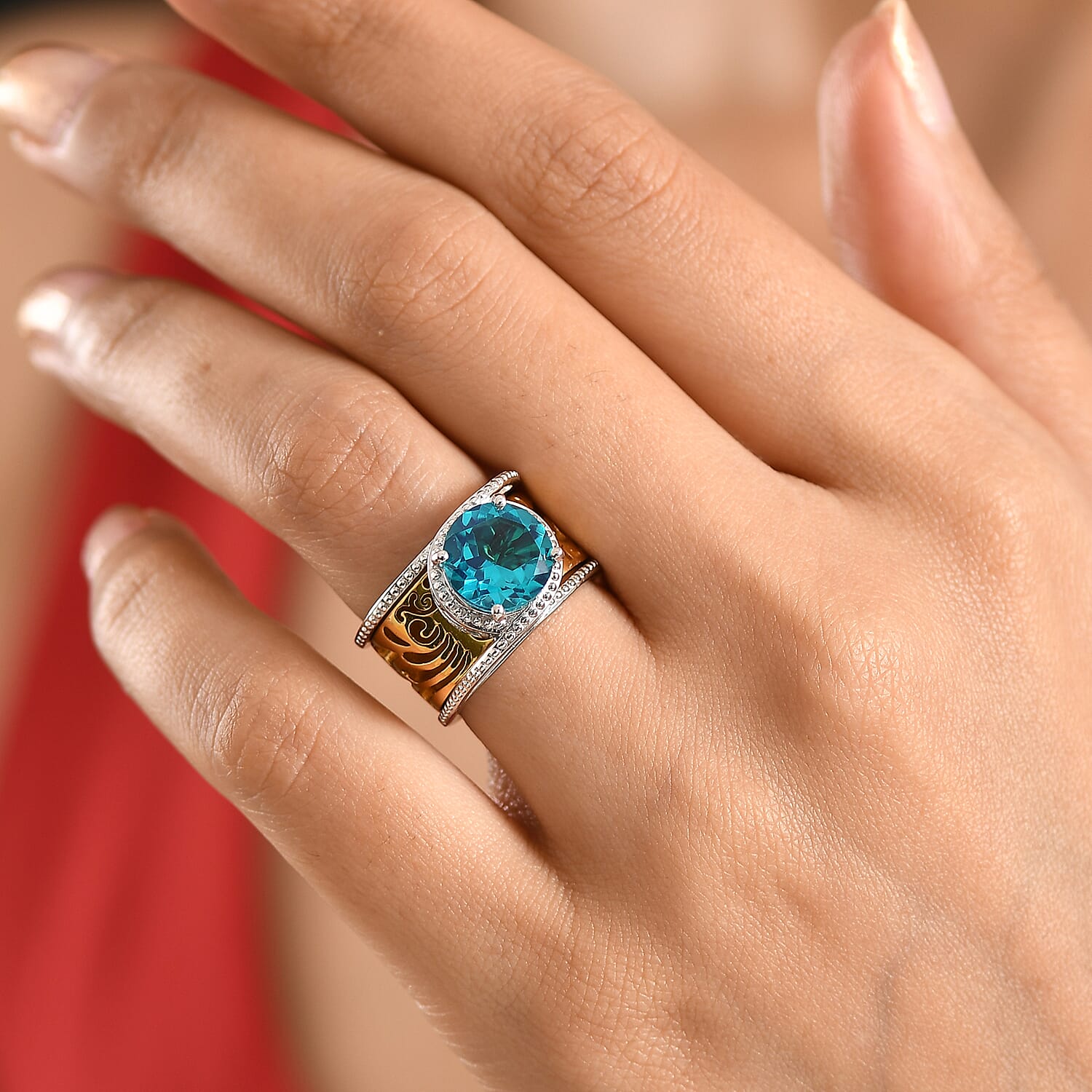 EverTrue Set of 2 - Capri Blue Triplet Quartz Stackable Ring in Yellow Gold Tone 3.98 Ct.