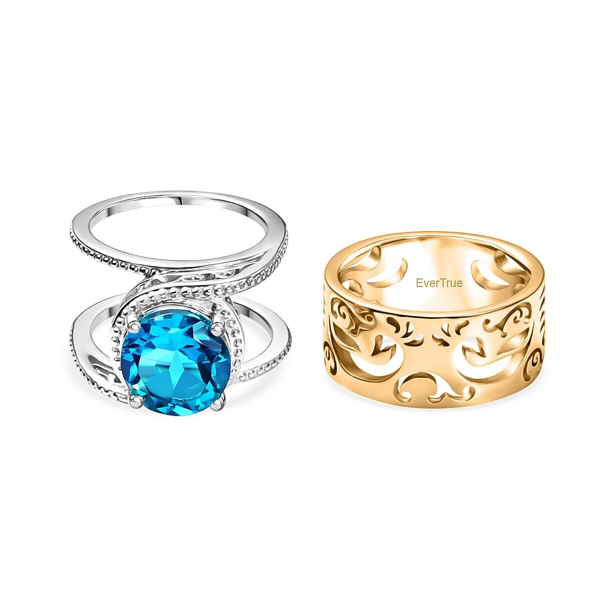 EverTrue Set of 2 - Capri Blue Triplet Quartz Stackable Ring in Yellow Gold Tone 3.98 Ct.