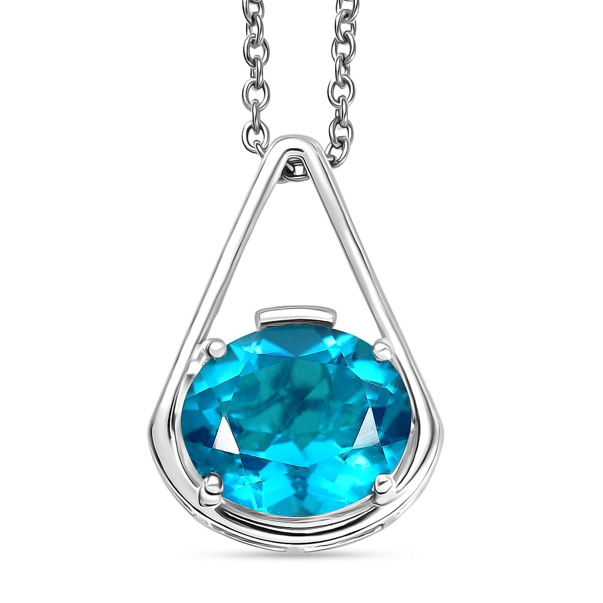 D'Joy Capri Blue Triplet Quartz Solitaire Drop Pendant with Chain (Size 20) in White Tone 5.00 Ct.