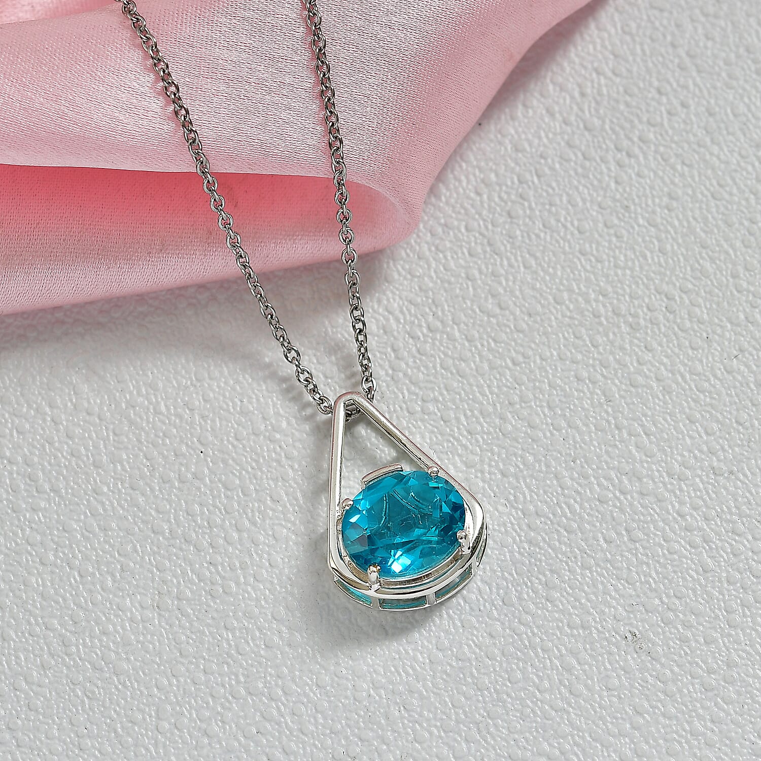 D'Joy Capri Blue Triplet Quartz Solitaire Drop Pendant with Chain (Size 20) in White Tone 5.00 Ct.