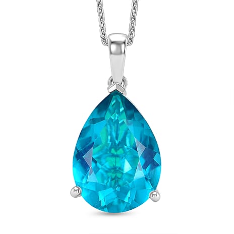 D'Joy Capri Blue Triplet Quartz Pear Cut Solitaire Pendant with Chain (Size 20) in Rhodium Overlay Sterling Silver 10.74 Ct.