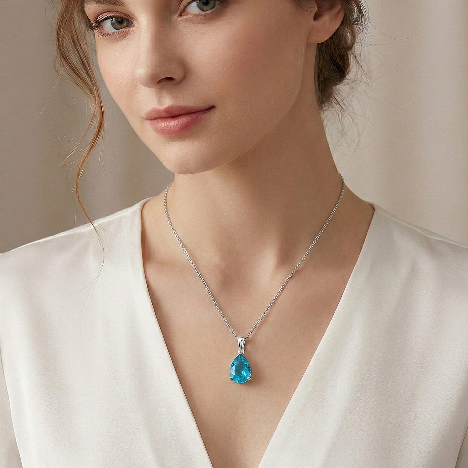 D'Joy Capri Blue Triplet Quartz Pear Cut Solitaire Pendant with Chain (Size 20) in Rhodium Overlay Sterling Silver 10.74 Ct.