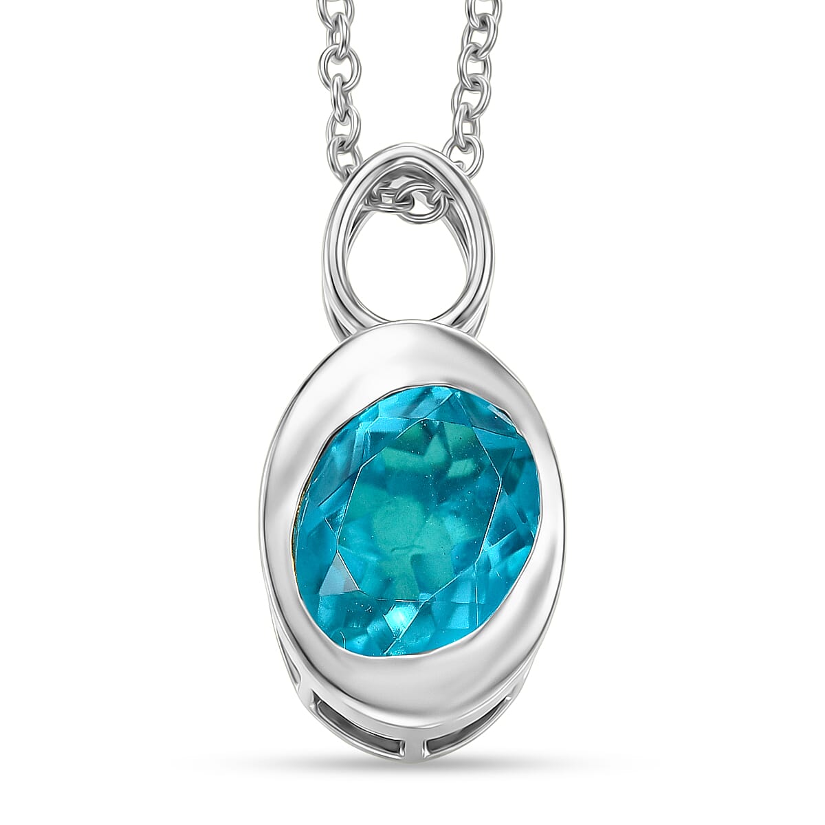 D'Joy Capri Blue Triplet Quartz Bazel Set Solitaire Drop Pendant with Chain (Size 20) in White Tone 2.93 Ct.