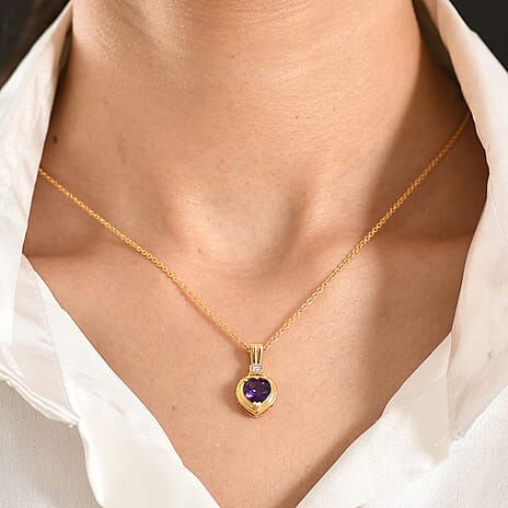 D'Joy - African Amethyst & White Zircon Pendant with Chain (Size 20) in Yellow Gold Tone 1.65 Ct.