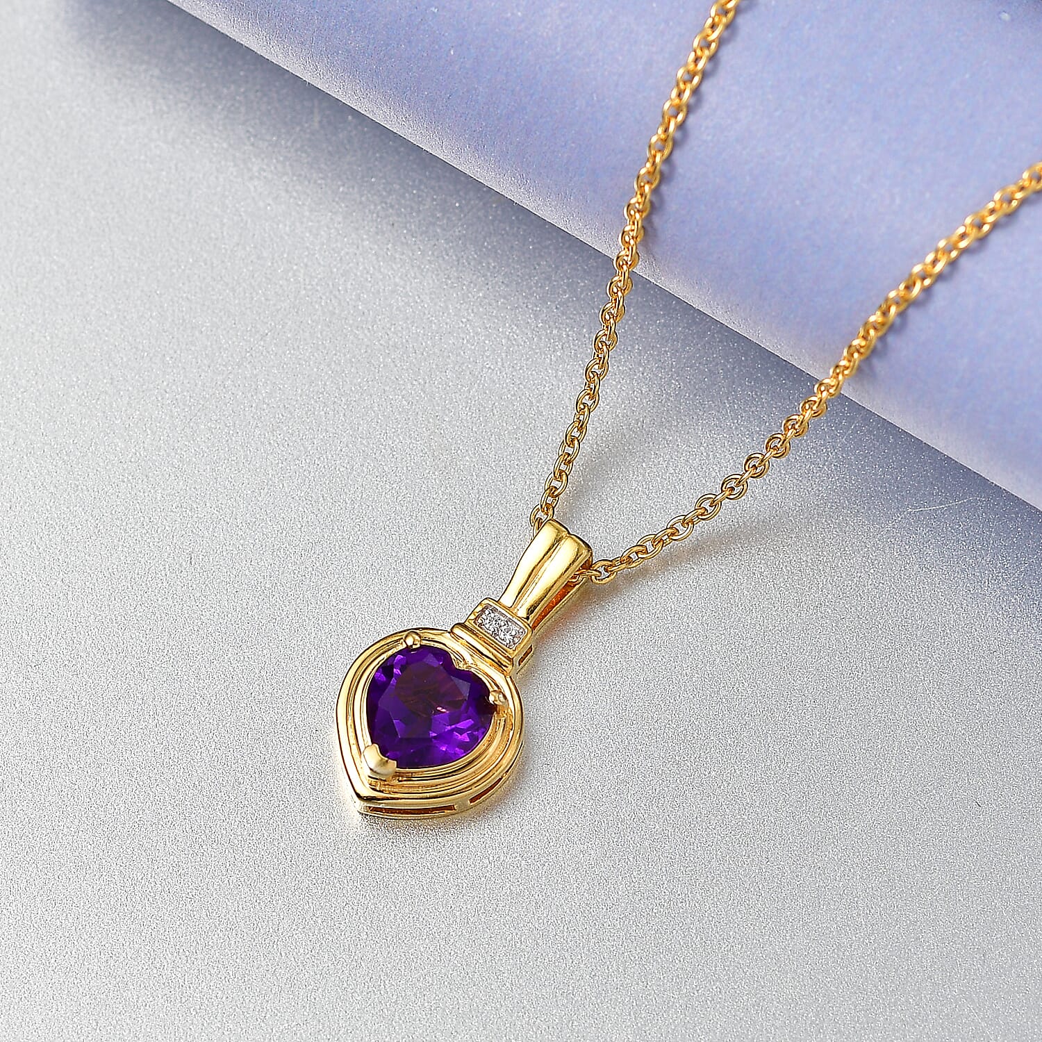 D'Joy - African Amethyst & White Zircon Pendant with Chain (Size 20) in Yellow Gold Tone 1.65 Ct.