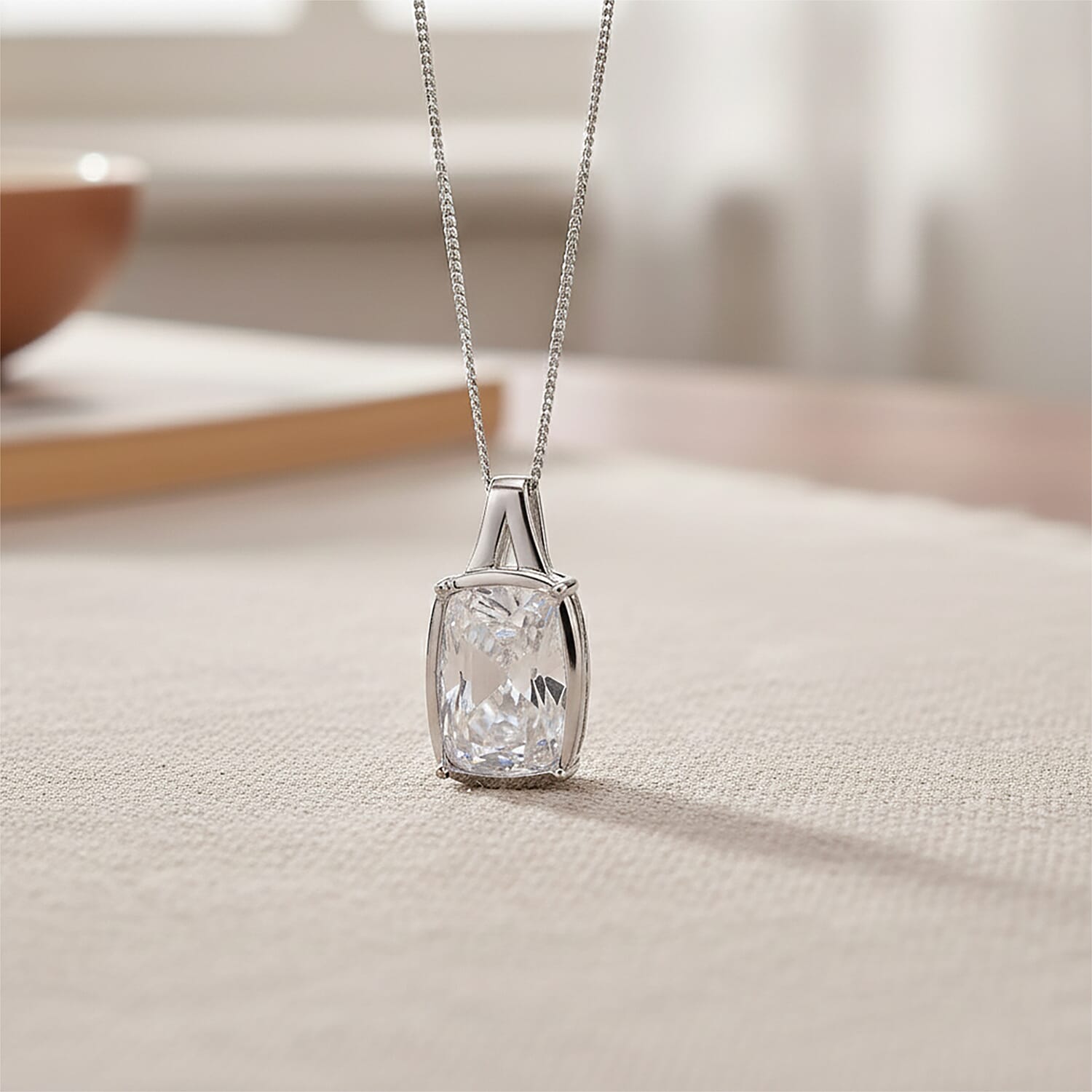 Moissanite Cushion Cut Pendant with Chain (Size 18) in Rhodium Overlay Sterling Silve 10.00 Ct.