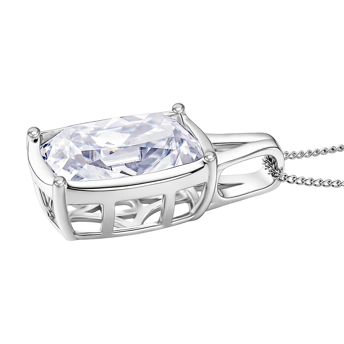 Moissanite Cushion Cut Pendant with Chain (Size 18) in Rhodium Overlay Sterling Silve 10.00 Ct.