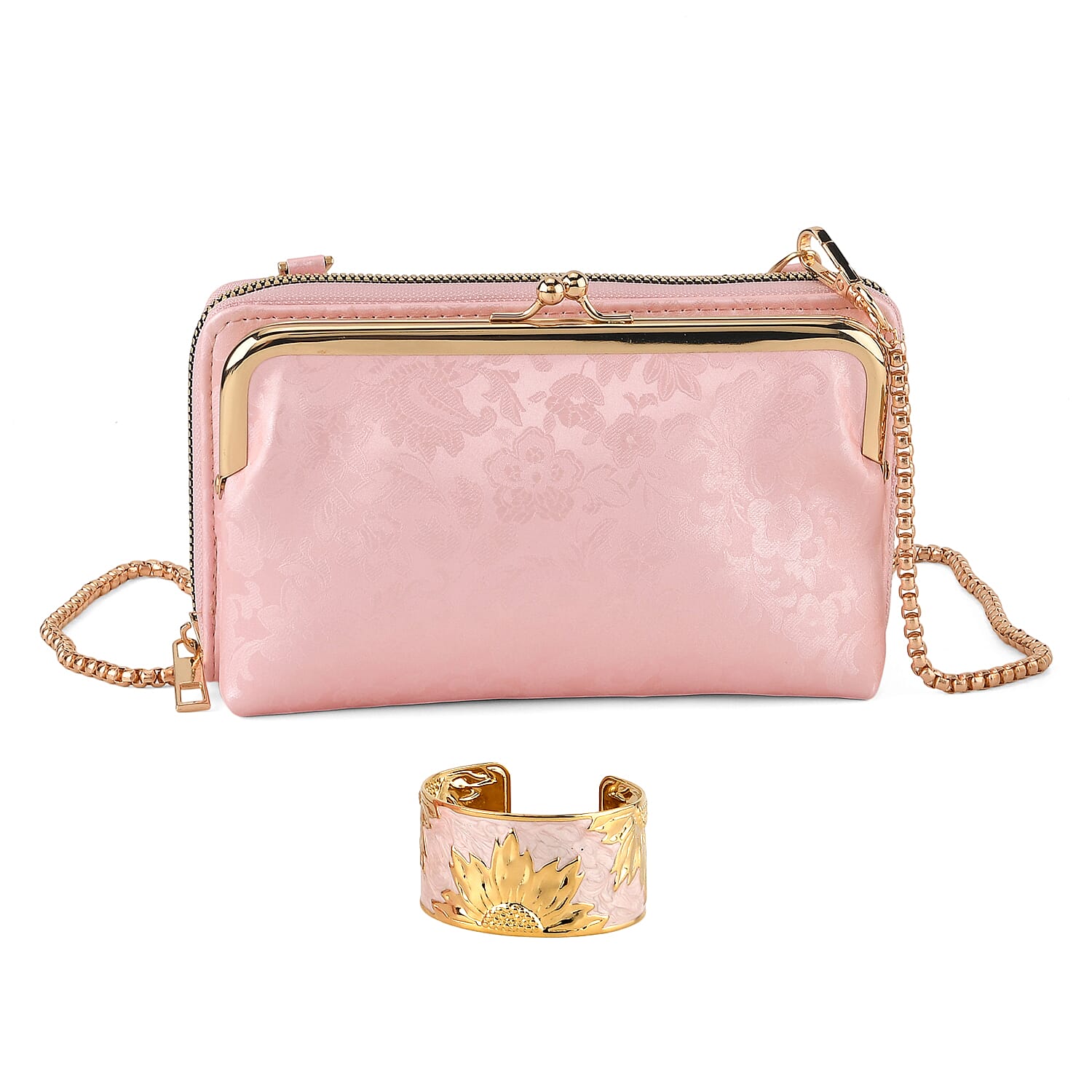 La Marey Set of 2 - RFID Clutch with Shoulder Strap & Gold Flower Cuff Set - Baby Pink