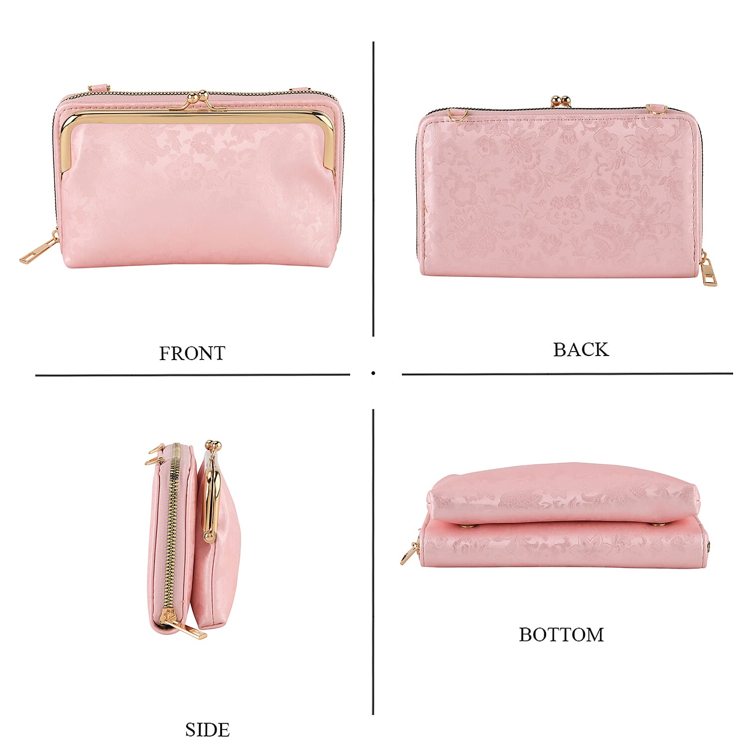 La Marey Set of 2 - RFID Clutch with Shoulder Strap & Gold Flower Cuff Set - Baby Pink