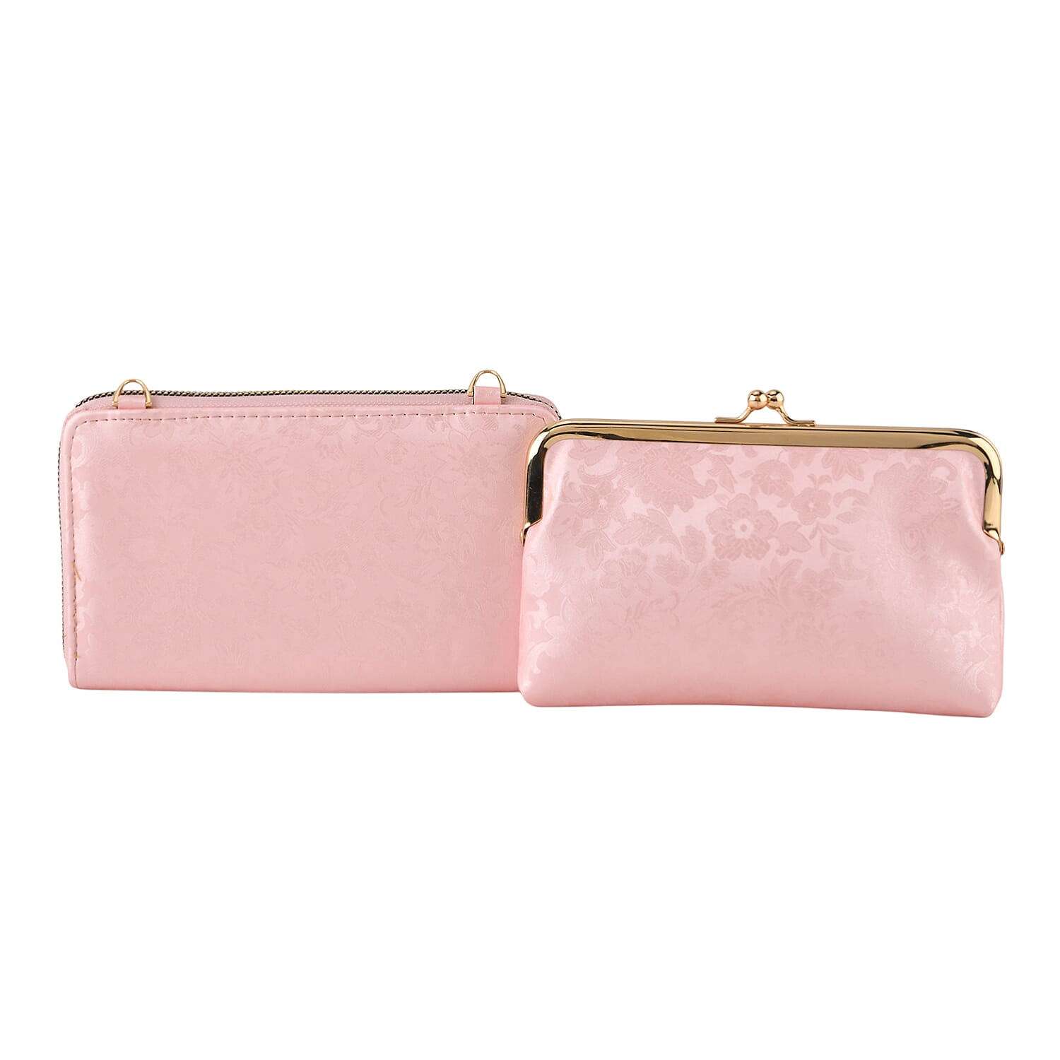 La Marey Set of 2 - RFID Clutch with Shoulder Strap & Gold Flower Cuff Set - Baby Pink